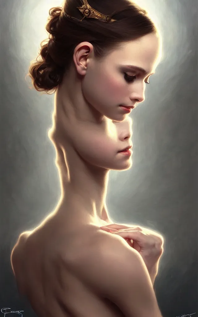 Image similar to portrait of ballerina with dark eye shadow, studio lighting, intricate, elegant, highly detailed, digital painting, artstation, concept art, smooth, sharp focus, illustration, art by artgerm and greg rutkowski and alphonse mucha