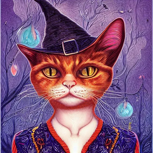 Prompt: Witch's cat By Casey Weldon and Martine Johana, rich colors, intricate, elegant, highly detailed, centered, digital painting, artstation, concept art, smooth, sharp focus, illustration