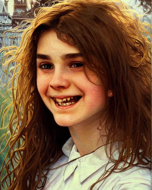 Image similar to close up portrait of 1 5 - year - old girl, smile with large front teeth, hermione, very bushy brown hair, and very bright brown eyes, wearing white shirt, hyper realistic face, beautiful eyes, close up, fantasy art, in the style of greg rutkowski, intricate, alphonse mucha, hyper detailed, smooth