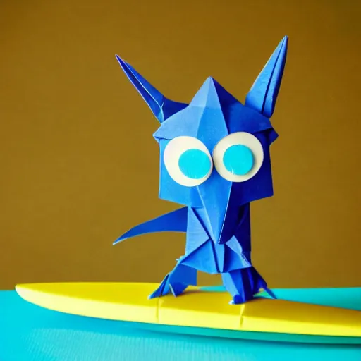 Prompt: photo of a green paper monster origami balancing on top of a blue surfboard going inside a yellow portal