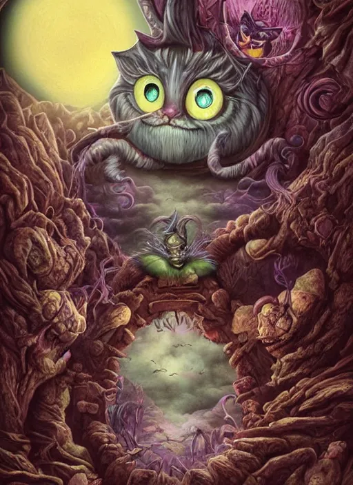 Image similar to cheshire cat the devil tarot card, highly detailed, cinematic, 8 k, bymegan duncanson, benjamin lacombe, naoto hattori, adrian borda, giger, trending on deviantart, hyper detailed, horror, full of colour