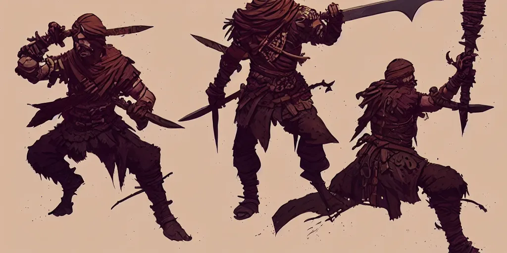 Prompt: warrior character design, idle pose, colored, sword, sprite, darkest dungeon, pc game, sideview, art by moebius and greg rutkowski.