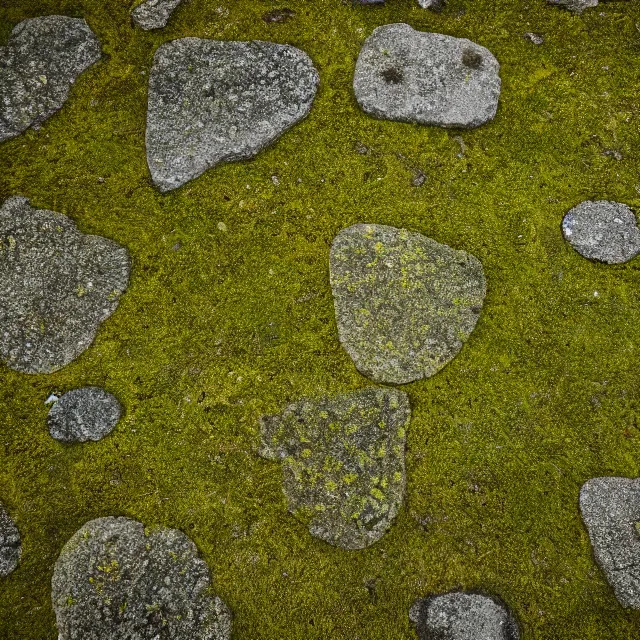 Prompt: Photo of mossy stone pavement shot from tripod above