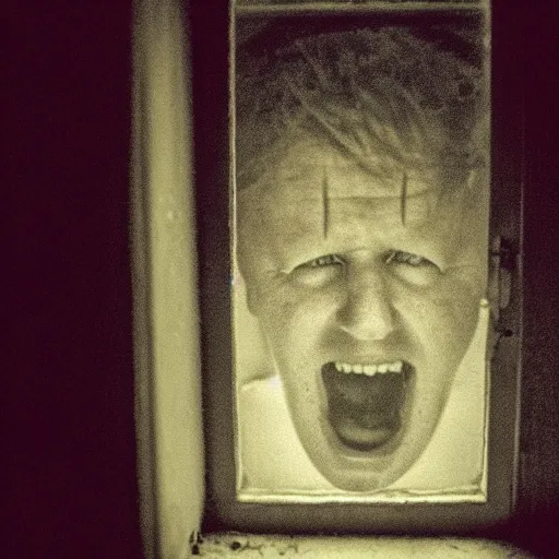 Image similar to photo of the inside of a dark old rainy bedroom window at night, dimly lit creepy | screaming face of boris johnson staring in and pressing his face against the window and his bloody hands pressed against the window, horror, scary face, demonic face,