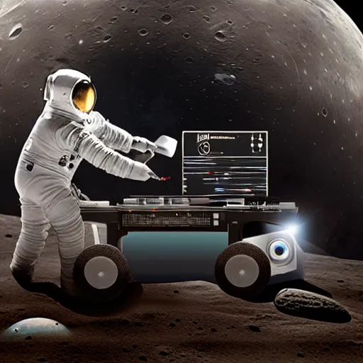 Prompt: a realistic matte painting of a dj with turntable play music on the moon, detailed, 8 k,