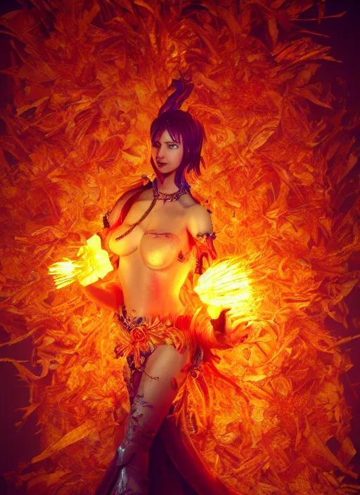 Prompt: underworld dungeon, closeup of an anthropomorphic fire goddess wrapped in a flowing couture flaming tissue paper, holographic chrysanthemums, fire origami flowers, heavenly light, 3 d, very detailed, octane render, trending artstation, artgem