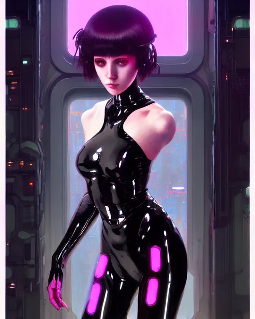 Image similar to portrait of beautiful cute cyborg maiden goth girl in latex, cyberpunk, warhammer, neon night city, high details, art by ( ( ( kuvshinov ilya ) ) ) and wayne barlowe and gustav klimt and artgerm and wlop and william - adolphe bouguereau