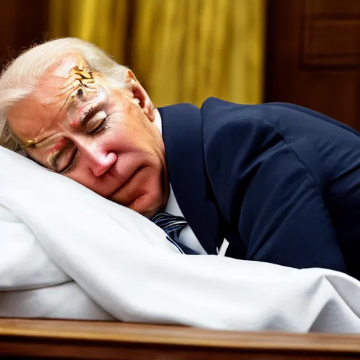 Prompt: Joe Biden sleeping on a bed in a court room