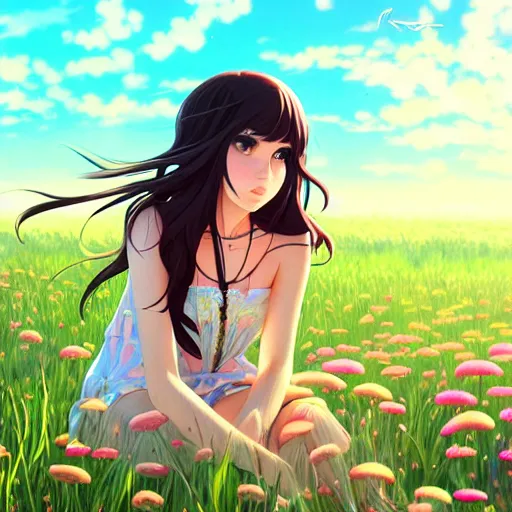 Image similar to a beautiful girl with long dark hair, sitting in a field of flowers, sunny, daytime, sharp focus, intricate, digital painting, artstation, official media, anime key visual, highly detailed, rich vivid colors, ambient lighting, illustration, art by Artgerm, Makoto Shinkai, Ilya Kuvshinov, Lois Van Baarle, and Rossdraws