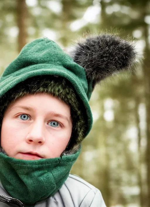 Image similar to portrait photo still of real life young stan marsh wearing a green trapper hat, 8 k, 8 5 mm, f. 1 4