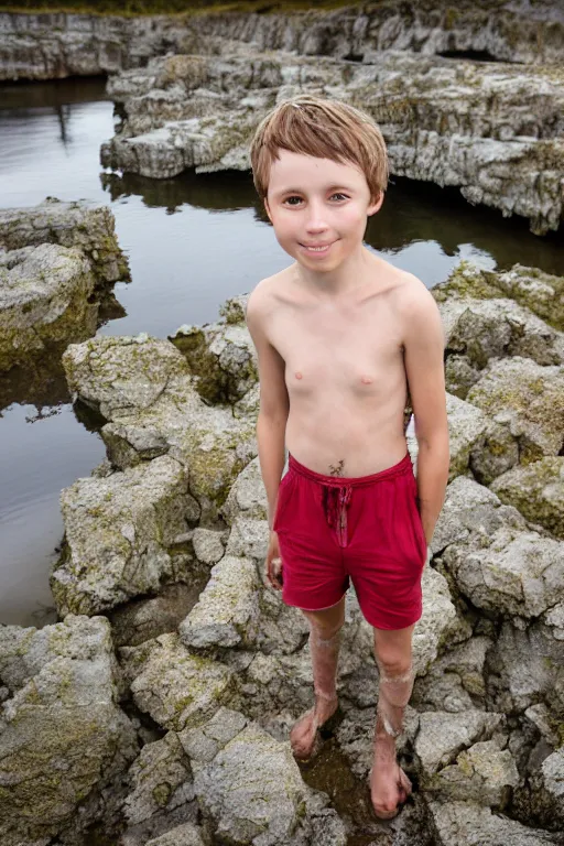 Prompt: photograph of a happy brown - haired swedish boy standing in an abandoned water - filled lime quarry. he spends his summer vacation in oland, sweden, he likes to swim in the lime quarry. happy childhood memories, beautiful emotional photograph, 4 k, magical qualities, photograph by anne geddes