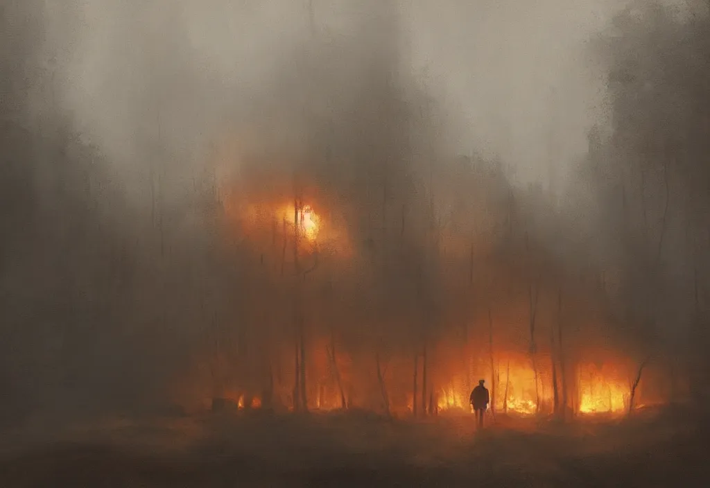 Image similar to the silhouette of a man in trench coat in front of a large burning wooden cabin, night, foggy, gloomy, mysterious, artstation, jakub rozalski, high detail