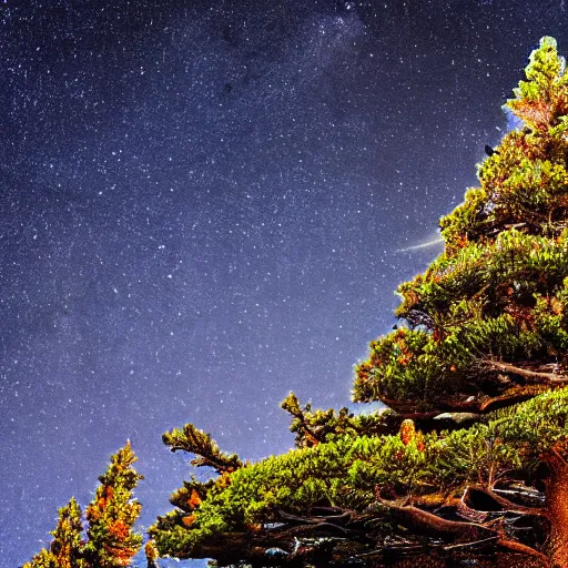 Prompt: a photograph of a pine tree on top of a rocky mountain, star shining in space, highly detailed, sharp focus, cinematic, hyperrealism, photorealistic