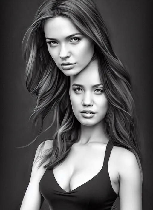 Image similar to full body portrait of a beautiful young woman in black and white, photorealistic, hair down to waist, sharp focus, in the style of Kevin Kostic, Stephen Lau and artgerm, hyper sharp focus, 8k highly detailed