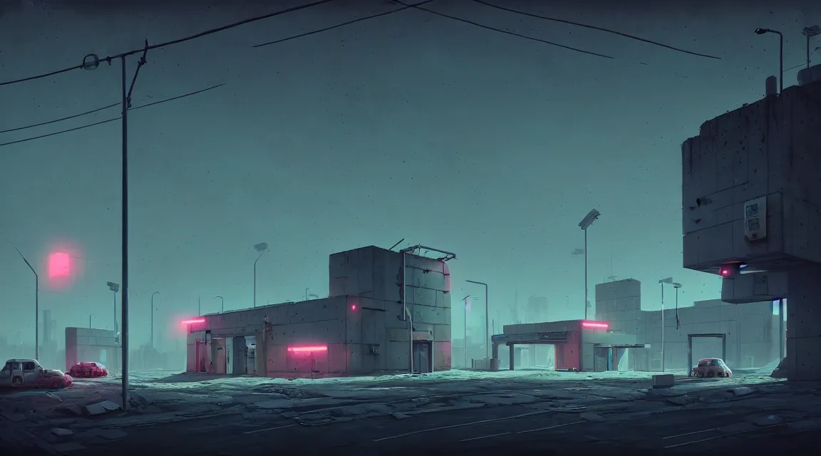 Image similar to post - apocalyptic police station, concrete building, paved roads, by simon stalenhag, highly detailed photography, trending on artstation, hyperrealistic, human silhouettes, cyberpunk, environment artist, dystopian, science fiction, synthwave neon retro