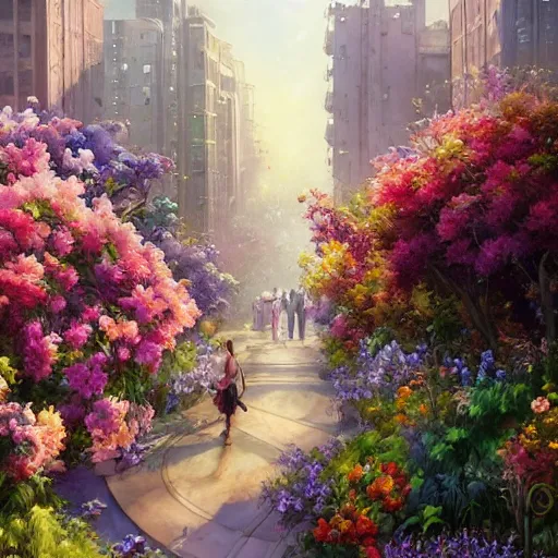Prompt: a painting of an art - deco cityscape surrounded by flowers, a watercolor and matte painting by mark keathley and mandy jurgens and charlie bowater, cgsociety, artdeco, utopia art, bold colors, sci - fi, artstation hq