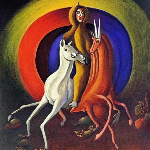 Image similar to remedios varo painting of a vampire demon riding a big fat unicorn over a rainbow