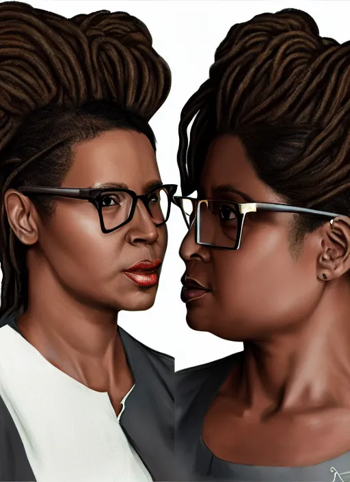 Prompt: VP of Marketing, confident middle aged black woman, fit and witty with frameless glasses and dreadlocks in a bun, highly detailed, digital painting, trending on artstation, concept art, sharp focus, illustration, face by wlop art by artgerm and greg rutkowski and magali villeneuve