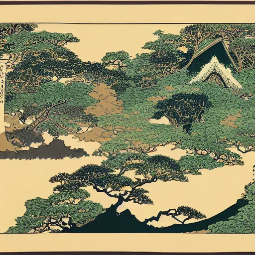 Image similar to the shire, highly detailed, intricate, in the style of hokusai