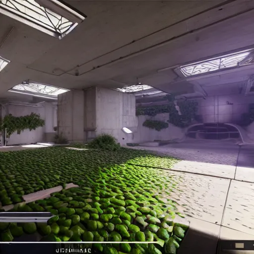 Prompt: screenshot of a first person shooter game on unreal engine 5, in a liminal underground garden, photorealistic, retrofuturism, brutalism, staggered terraces, minimalist, soft vintage glow