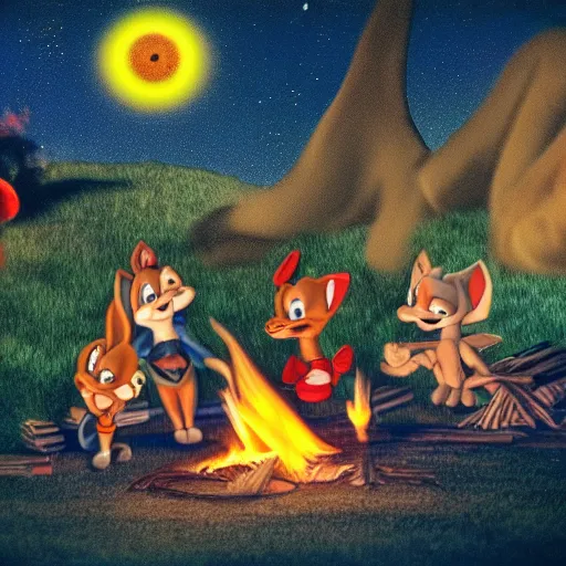 Image similar to tiny toons in real life sitting around a campfire telling stories, photographic, 3D, UE5, photorealistic, ultrarealistic, hyper realistic, drum scanner, dark vignette, burning embers, nostalgic, muted colors, slightly drunk, candy rush, autochrome, tranquil, starry night, 4K, 8K, HQ