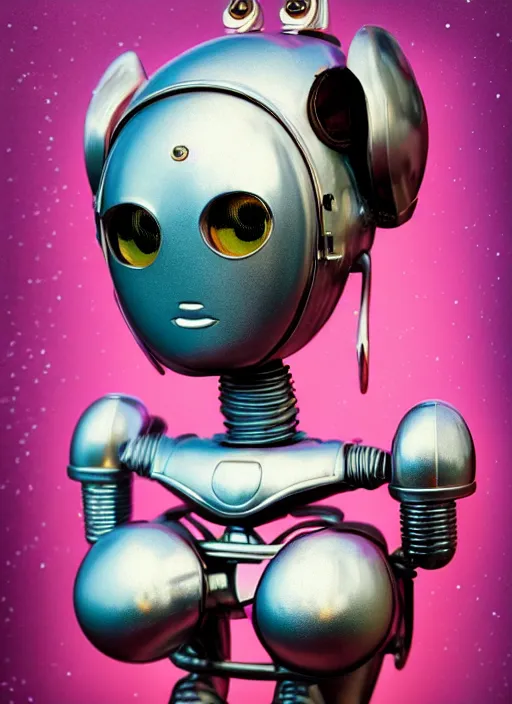 Image similar to highly detailed closeup, face profile portrait of a retro 1 9 5 0 s tin toy robot spacegirl wearing a bikini, unreal engine, nicoletta ceccoli, mark ryden, earl norem, lostfish, global illumination, detailed and intricate environment