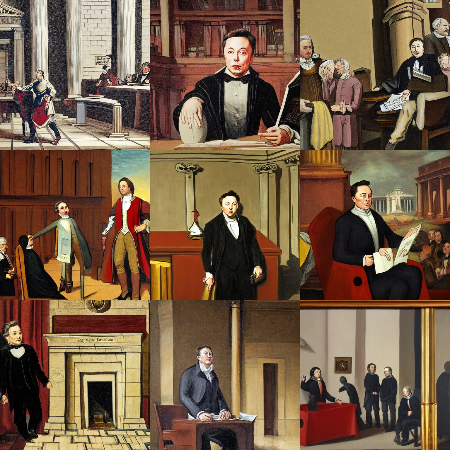 Prompt: painting of elon musk in the court of chancery by benjamin ferrers, detailed