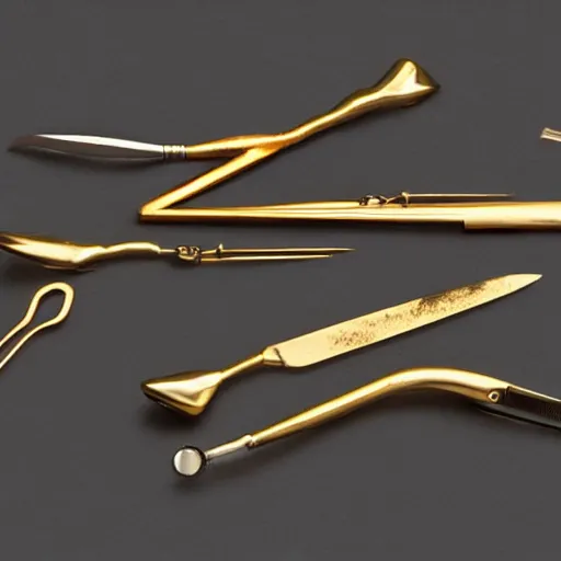 Image similar to polished gold surgical instruments designed in the style of body horror