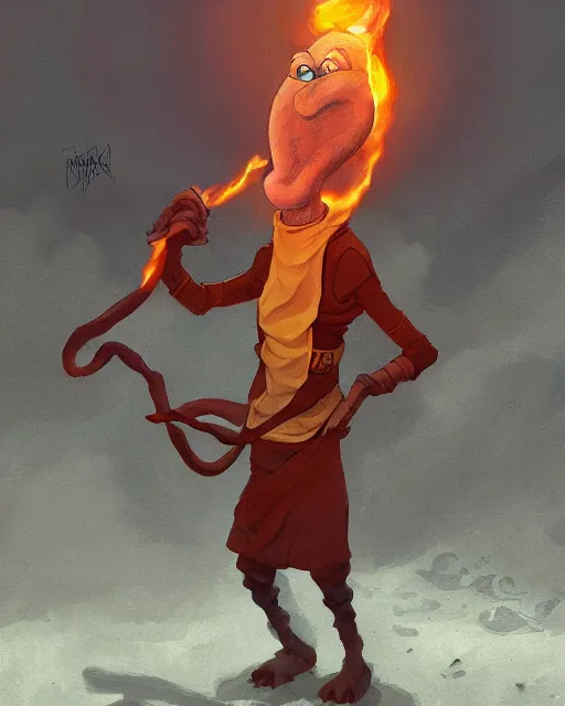 Prompt: squidward with four legs wearing fire nation clothing and practicing firebending outside at susnset, [ greg rutkowski ]