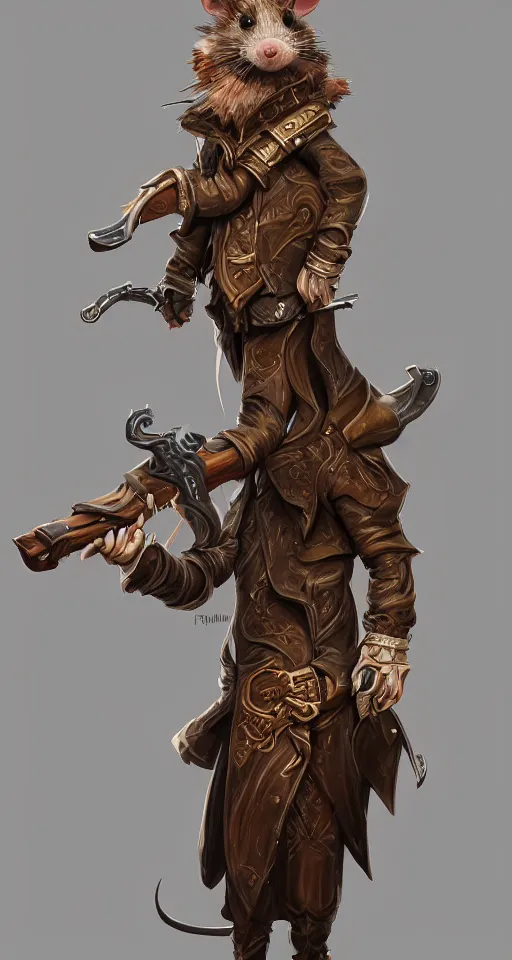 Image similar to a highly detailed illustration of a rat wearing a long coat holding a wooden shotgun, dramatic standing, intricate, elegant, highly detailed, centered, digital painting, artstation, concept art, smooth, sharp focus, league of legends concept art, wlop