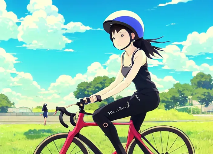 Prompt: portrait of cute girl riding road bike, sunny sky background, lush landscape, illustration concept art anime key visual trending pixiv fanbox by wlop and greg rutkowski and makoto shinkai and studio ghibli and kyoto animation, symmetrical facial features, sports clothing, road bike helmet, nike cycling suit, backlit, aerodynamic frame, gta 5