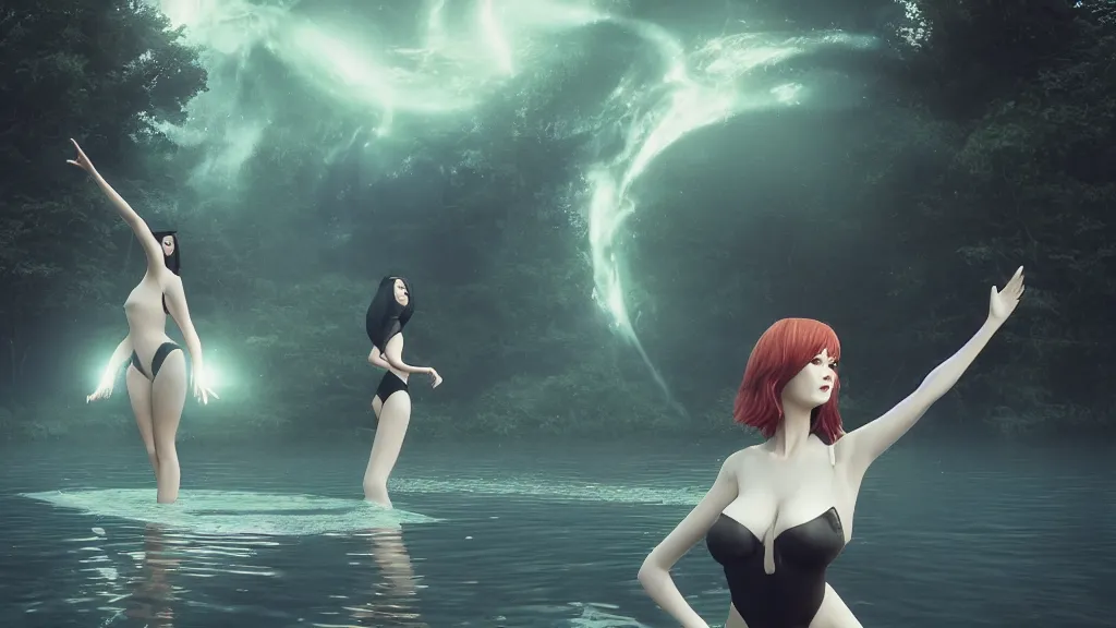 Image similar to whimsical, beautiful seductive women standing in a lake, raising an arm, under a binary black hole with a ring, by Ross Tran, by Greg Rutkowski, by artgerm, by beeple, volumetric lighting, 4k resolution, octane render, trending on artstation
