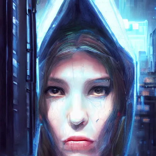 Prompt: a beautiful realistic portrait of a cyberpunk priestess in a dark alley