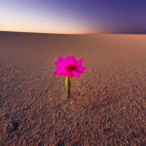 Prompt: a single small pretty desert flower blooms in the middle of a bleak arid empty desert next to a topaz crystal partly revealed, background sand dunes, clear sky, low angle, dramatic, cinematic, tranquil, alive, life.
