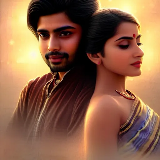 Prompt: perfectly centered movie promotional poster photograph of a young indian guy and a beautiful girl side profile faces symmetrical ; real life portrait, ultra realistic, concept art, intricate details, eerie, highly detailed, photorealistic, octane render, 8 k, unreal engine ; romantic theme, two lovers sharing one heart ; art by artgerm, greg rutkowski, charlie bowater