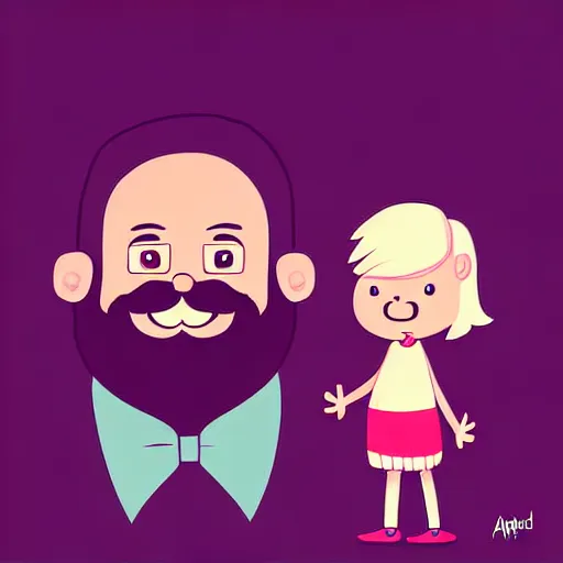 Image similar to curled perspective digital art of a cute cartoon character smiling beard grandpa with baby girl photo camera by anton fadeev