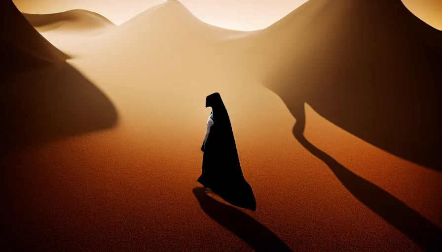 Prompt: arab woman in niqab floating mid - air in the desert, light, shadows, rippling reflections, steam, epic composition, intricate, elegant, volumetric lighting, digital painting, highly detailed, artstation, sharp focus, illustration, concept art, ruan jia, steve mccurry