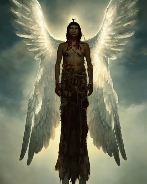 Prompt: an indigenous warrior with angelic wings, by tsuyoshi nagano, by greg rutkowski, dramatic lighting, blood, god rays, angelical