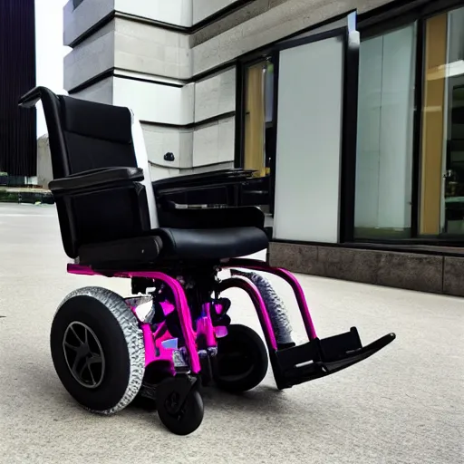 Image similar to a cyberpunk electric wheelchair with a computer stand