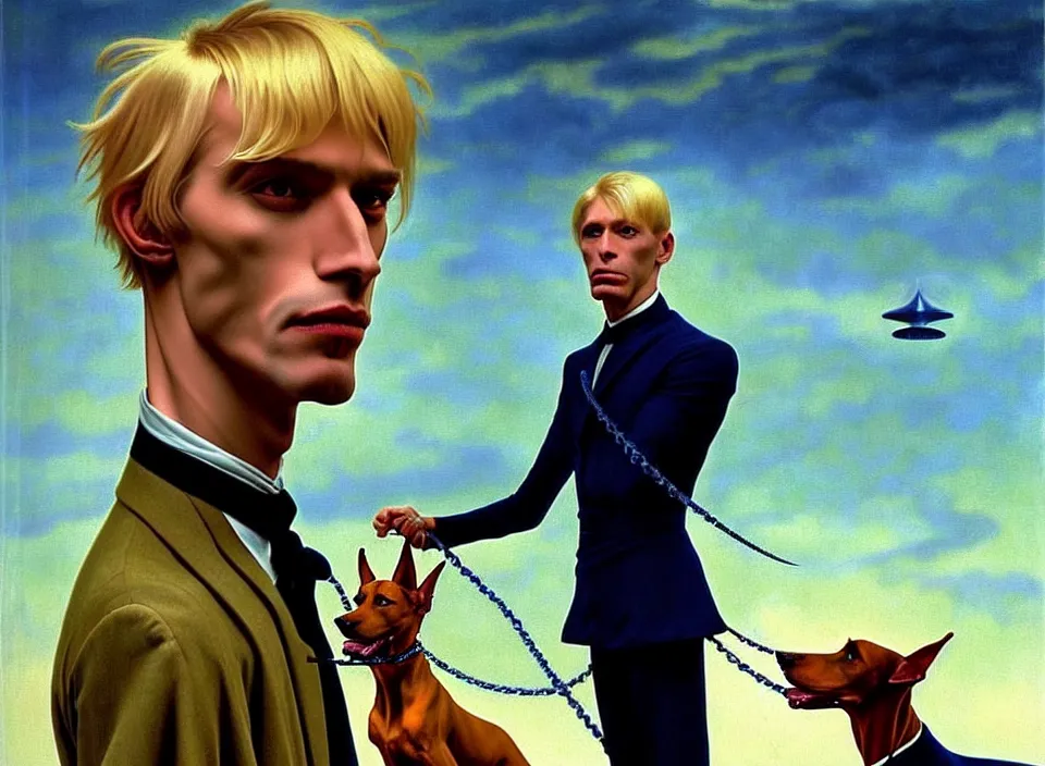 Image similar to realistic detailed portrait movie shot of an elegant blond male vampire with a doberman on a leash, sci fi landscape background by denis villeneuve, amano, yves tanguy, alphonse mucha, max ernst, caravaggio, roger dean, masterpiece, rich moody colours, dog teeth, blue eyes