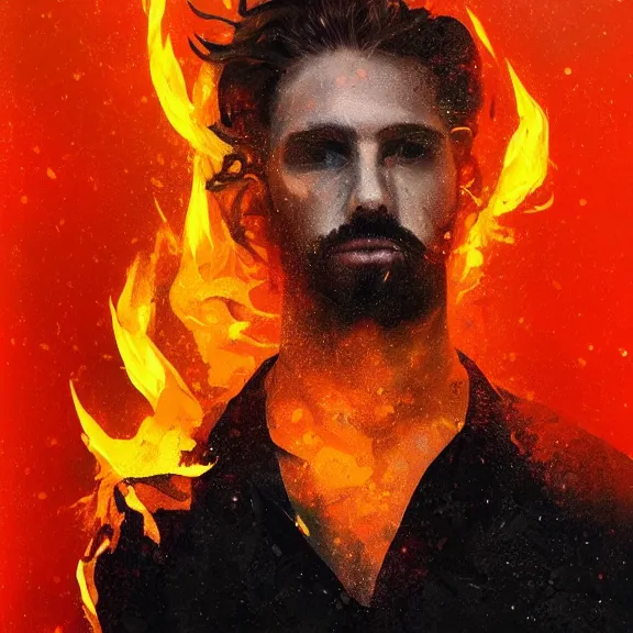 Prompt: abstract painting of man on fire. Handsome. Long hair. portrait. ArtStation. Marco Bucci Rule of thirds. Silouette. Pain.