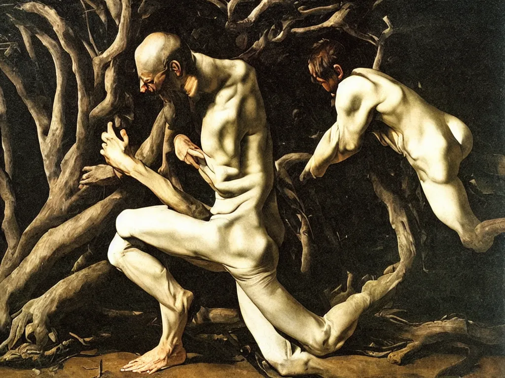 Prompt: Strange man kneeling , embracing an old tree. Painting by Caravaggio
