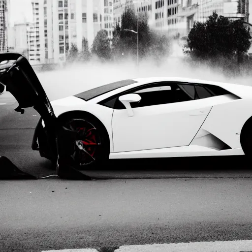 Image similar to black and white press photograph of a man in a suit pushing a lamborghini that is out of gas on a busy city street, sideview, detailed, natural light, mist, film grain, soft vignette, sigma 5 0 mm f / 1. 4 1 / 1 0 sec shutter, imax 7 0 mm footage