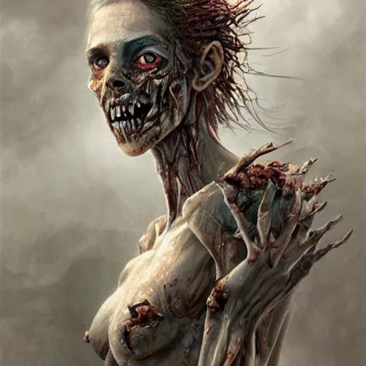 Image similar to clear portrait of a anorexic zombie, hideous appearance, ripped clothing, malnourished, cottagecore!!, background hyper detailed, character concept, full body, dynamic pose, intricate, elegant, highly detailed, digital painting, artstation, concept art, smooth, sharp focus, illustration, art by artgerm and greg rutkowski and alphonse mucha