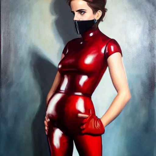 Image similar to full length oil painting of emma watson in slick red latex suit, holding a gas mask. safe for work!