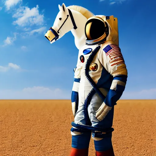 Prompt: astronaut with leg normal horse on his head