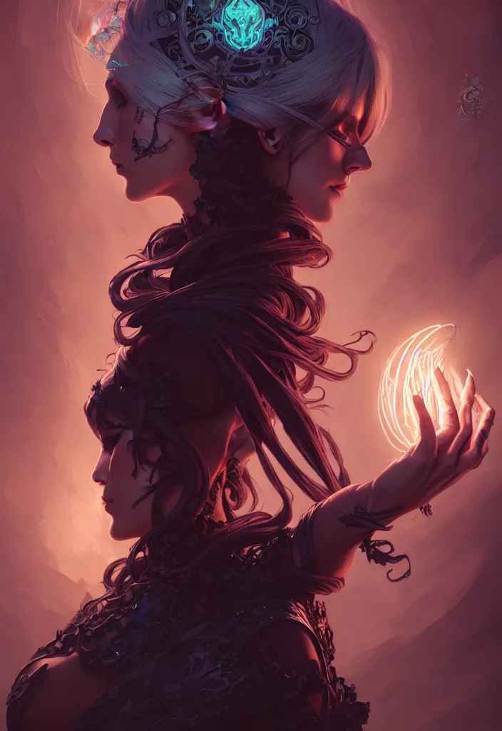 Image similar to Necromancer Sorceress, fantasy magic, undercut hairstyle, dark light night, intricate, elegant, sharp focus, illustration, highly detailed, digital painting, concept art, matte, art by WLOP and Artgerm and Greg Rutkowski and Alphonse Mucha, masterpiece