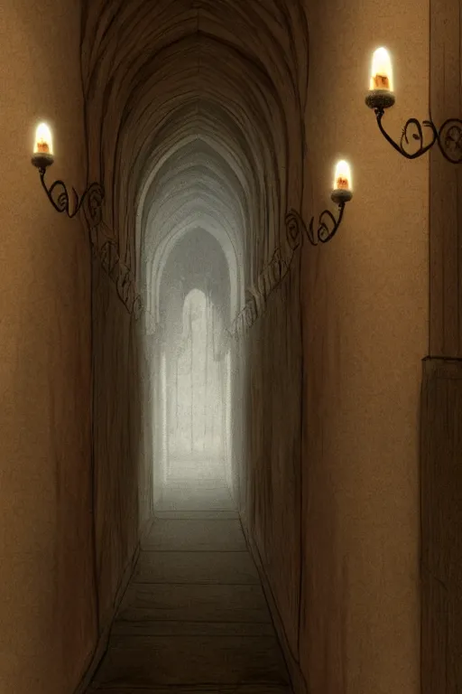 Image similar to a matte painting gothic hallway with sconces of flickering candles colorful by, tyler edlin