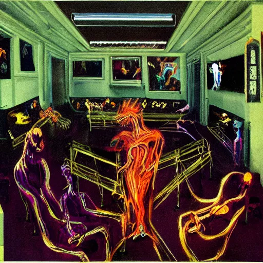 Image similar to lost souls in hell's waiting room by 2 1 st century cyber glitch francis bacon very detailed, colorful, beautiful, eerie, surreal, psychedelic