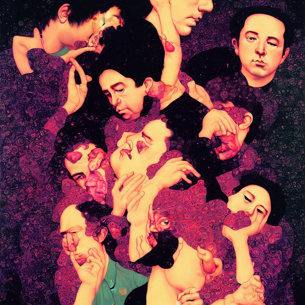 Image similar to weird and disturbing portrait of bill hicks kissing todd solondz, vivid colors, neon, art by ( ( ( kuvshinov ilya ) ) ) and wayne barlowe and gustav klimt and artgerm and wlop and william - adolphe bouguereau